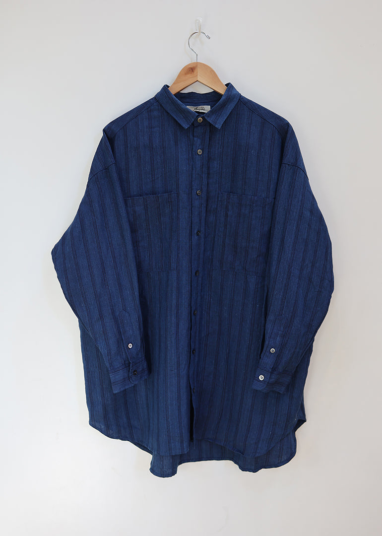 Ichi Antiquites - Linen Indigo Shirt in Indigo Stripe