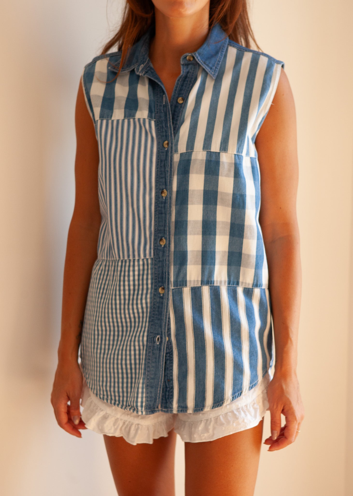 Multi-Striped/Gingham Denim Sleeveless Shirt