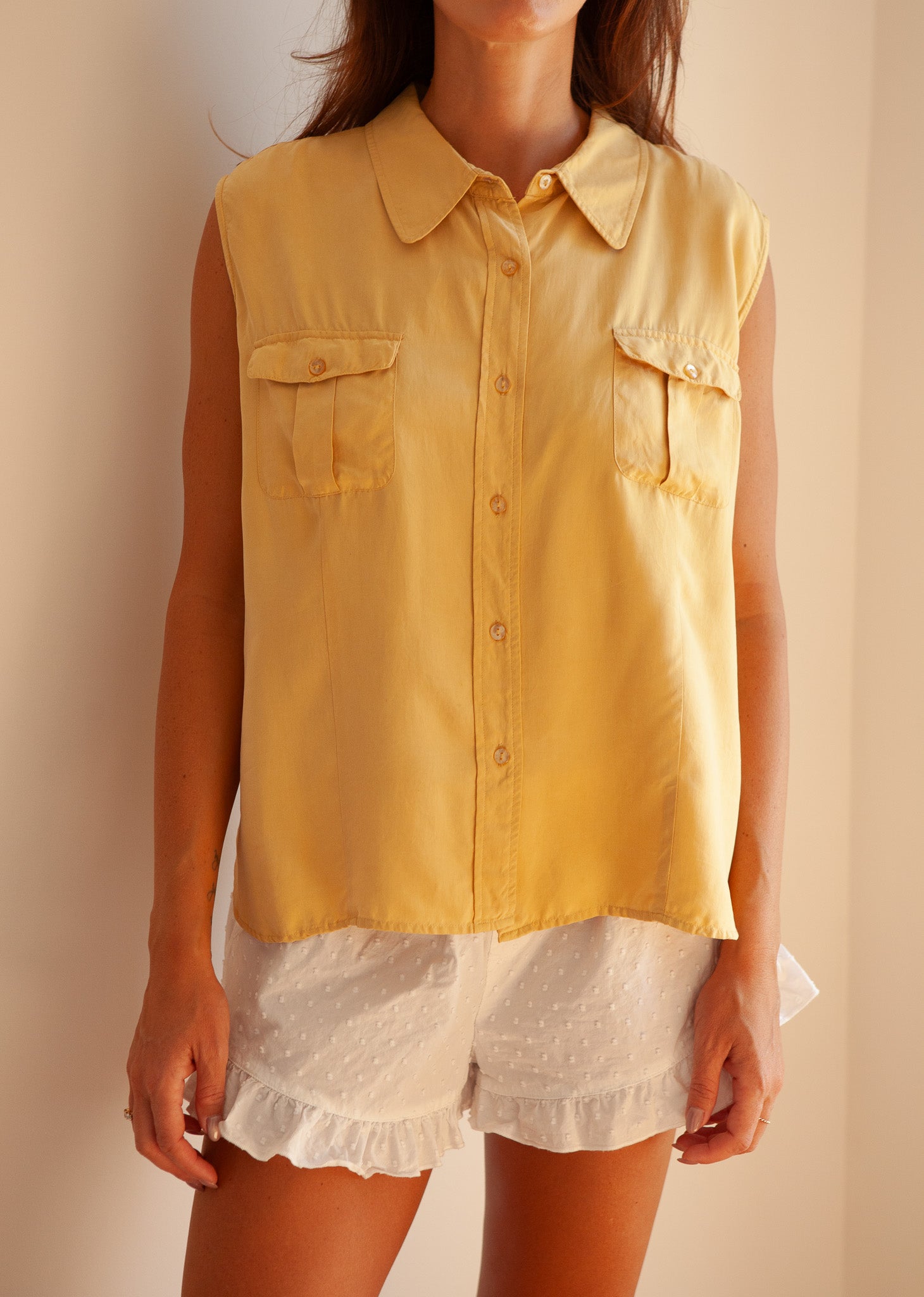 Yellow Silk Sleeveless Shirt