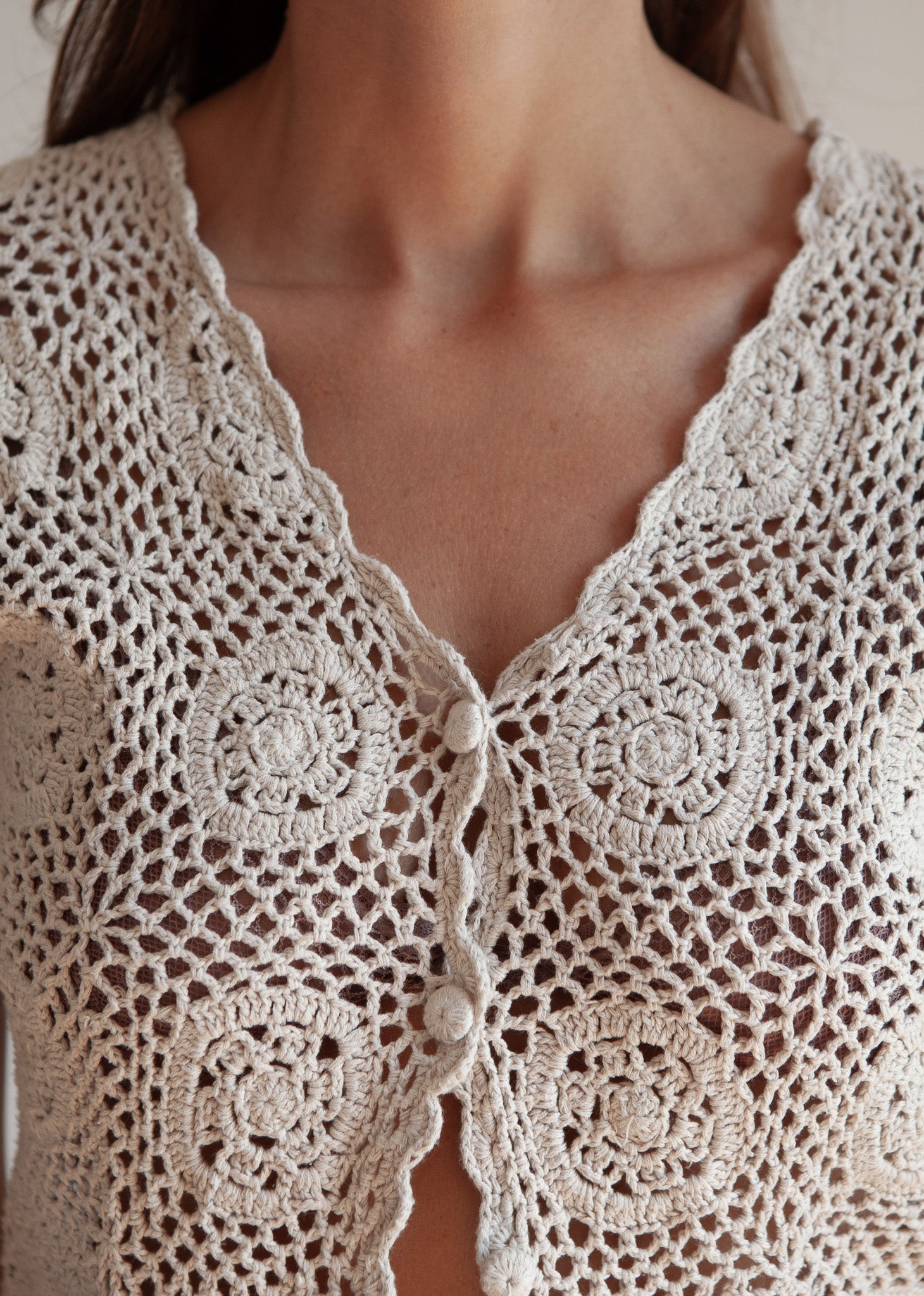 Sand Crochet Button-Down Top