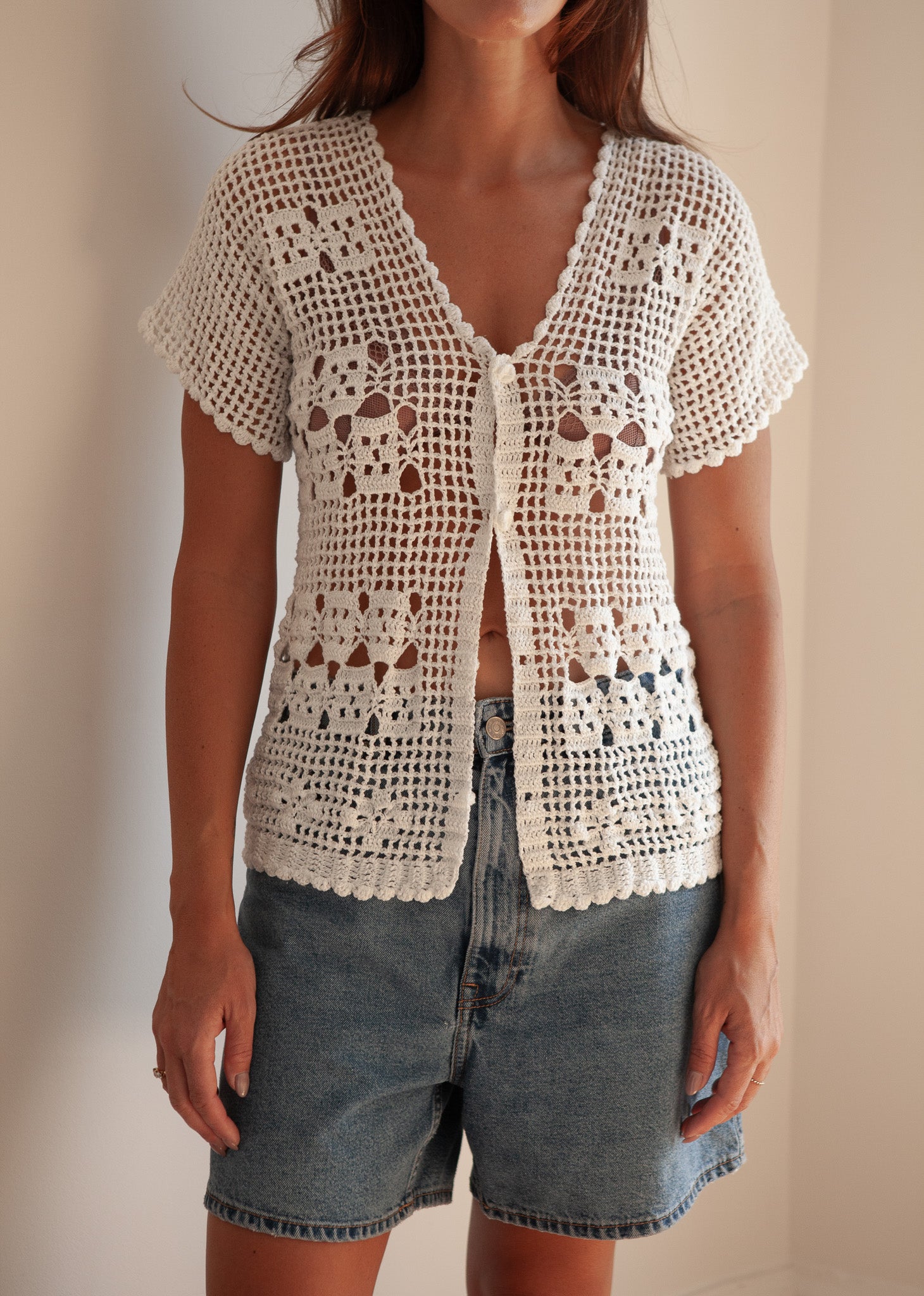 White Crochet Button-Down Top