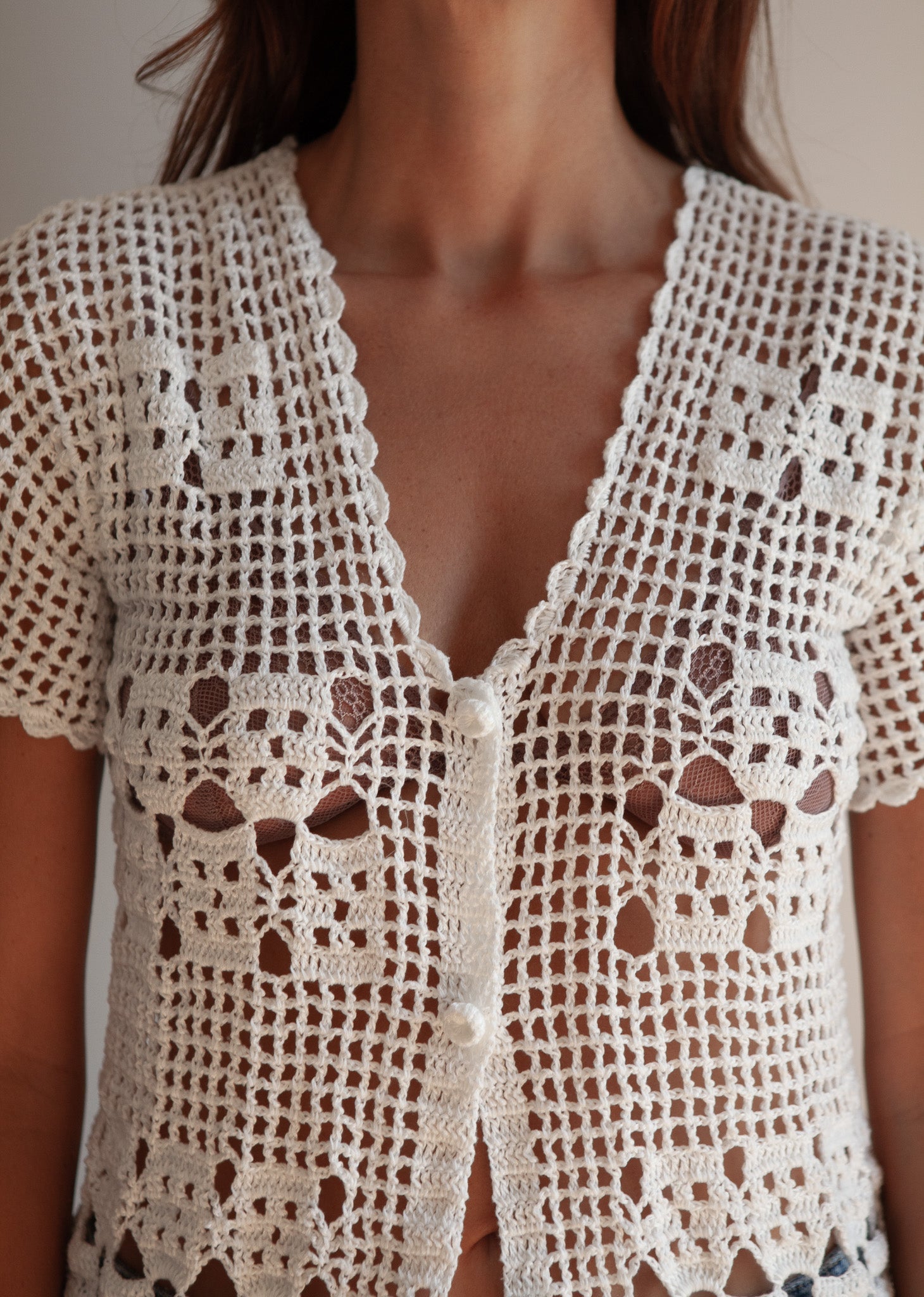 White Crochet Button-Down Top