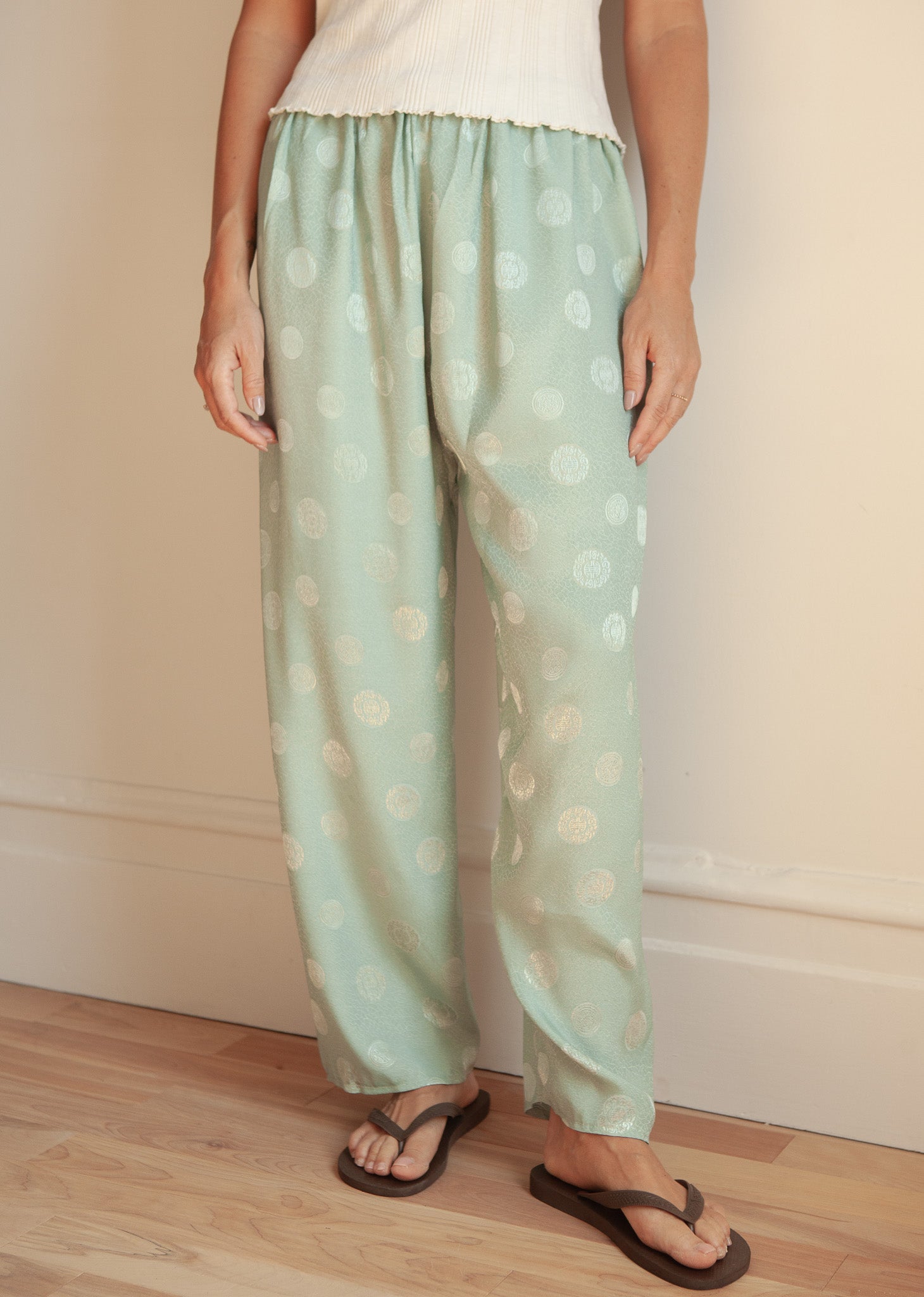Mint Satin Pants with Subtle Jacquard Pattern