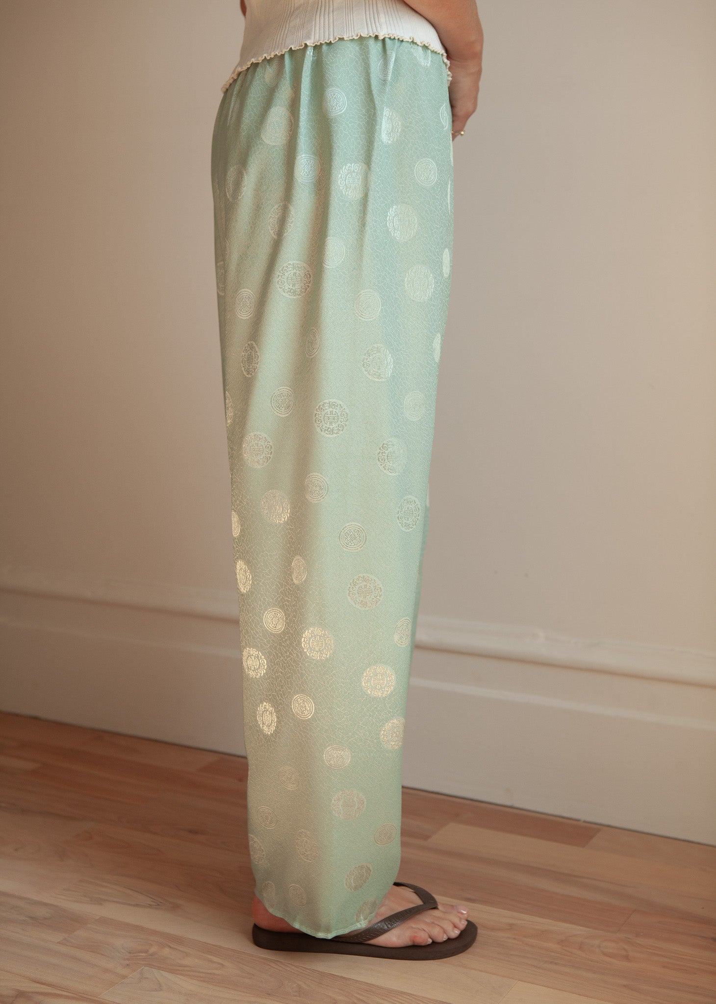 Mint Satin Pants with Subtle Jacquard Pattern