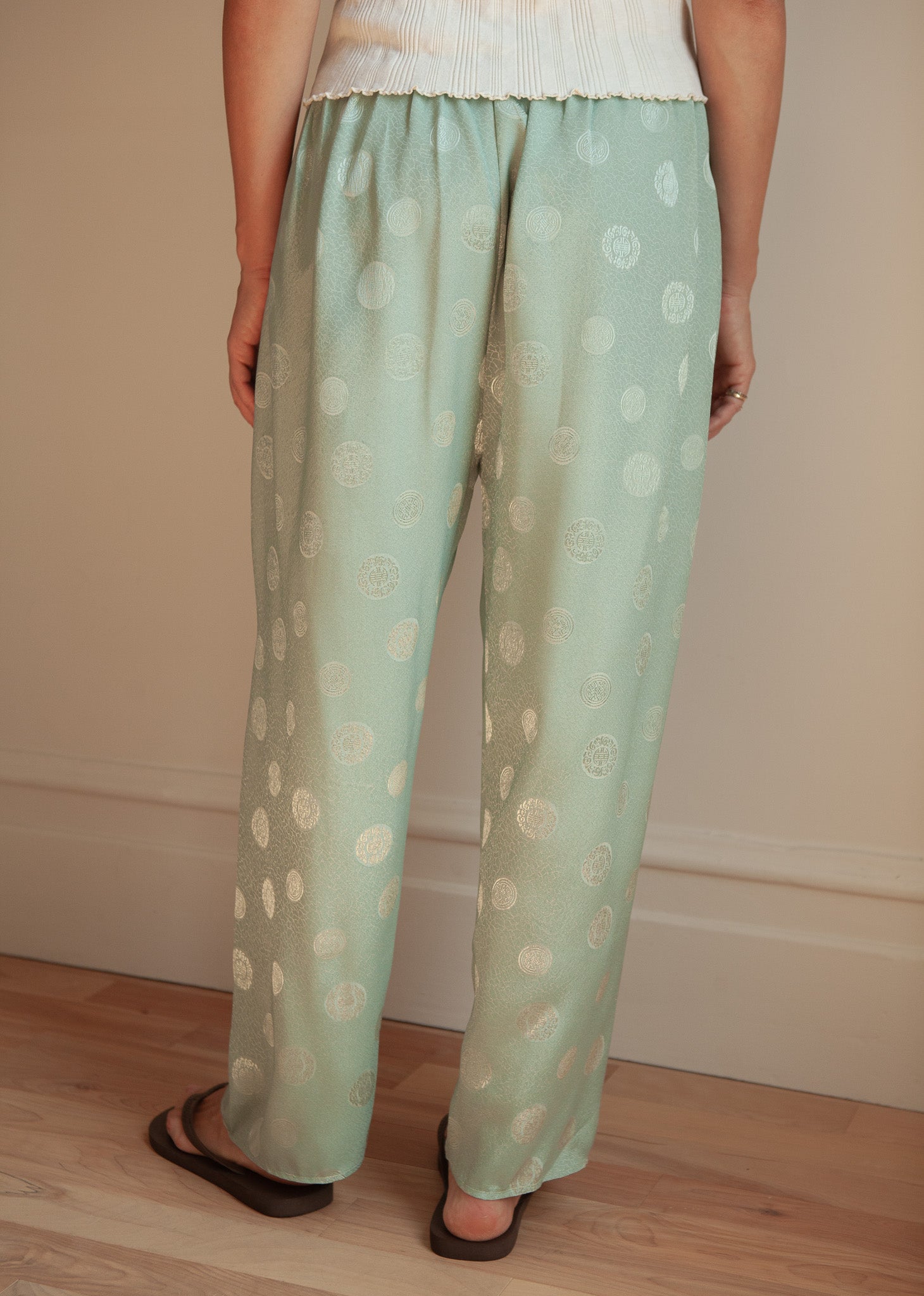 Mint Satin Pants with Subtle Jacquard Pattern