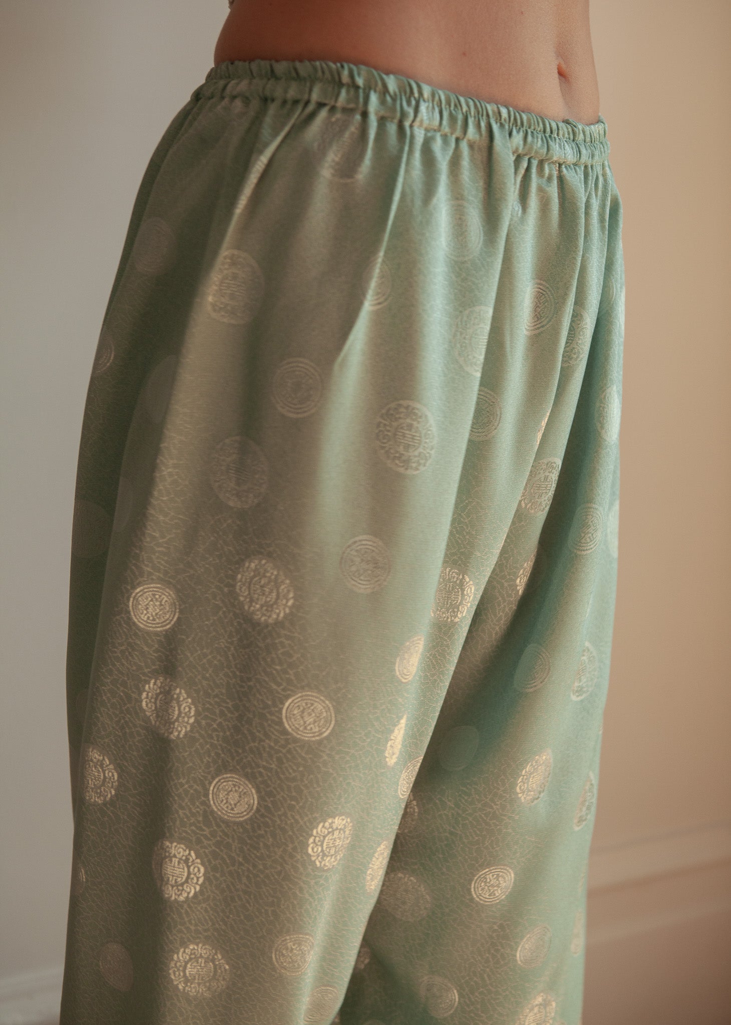 Mint Satin Pants with Subtle Jacquard Pattern