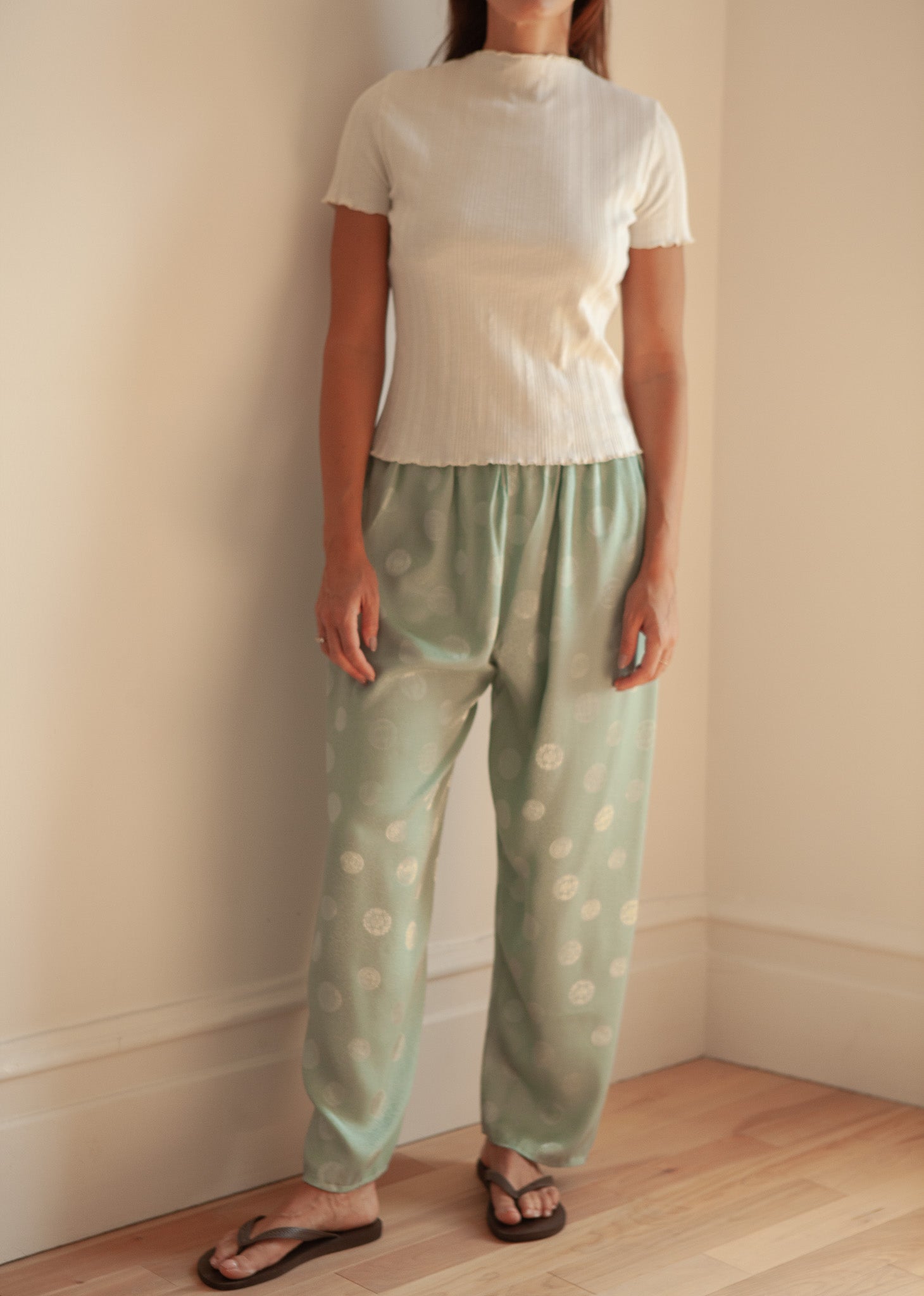 Mint Satin Pants with Subtle Jacquard Pattern