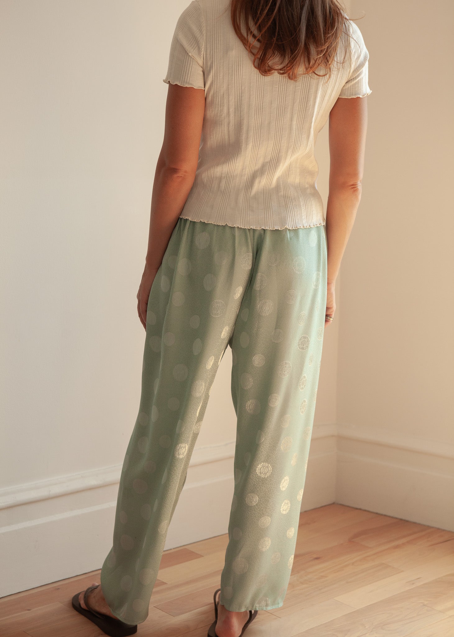 Mint Satin Pants with Subtle Jacquard Pattern