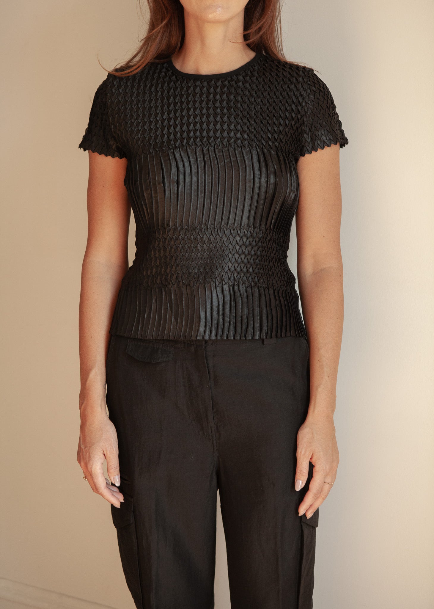 Black Textured Short-Sleeve Top