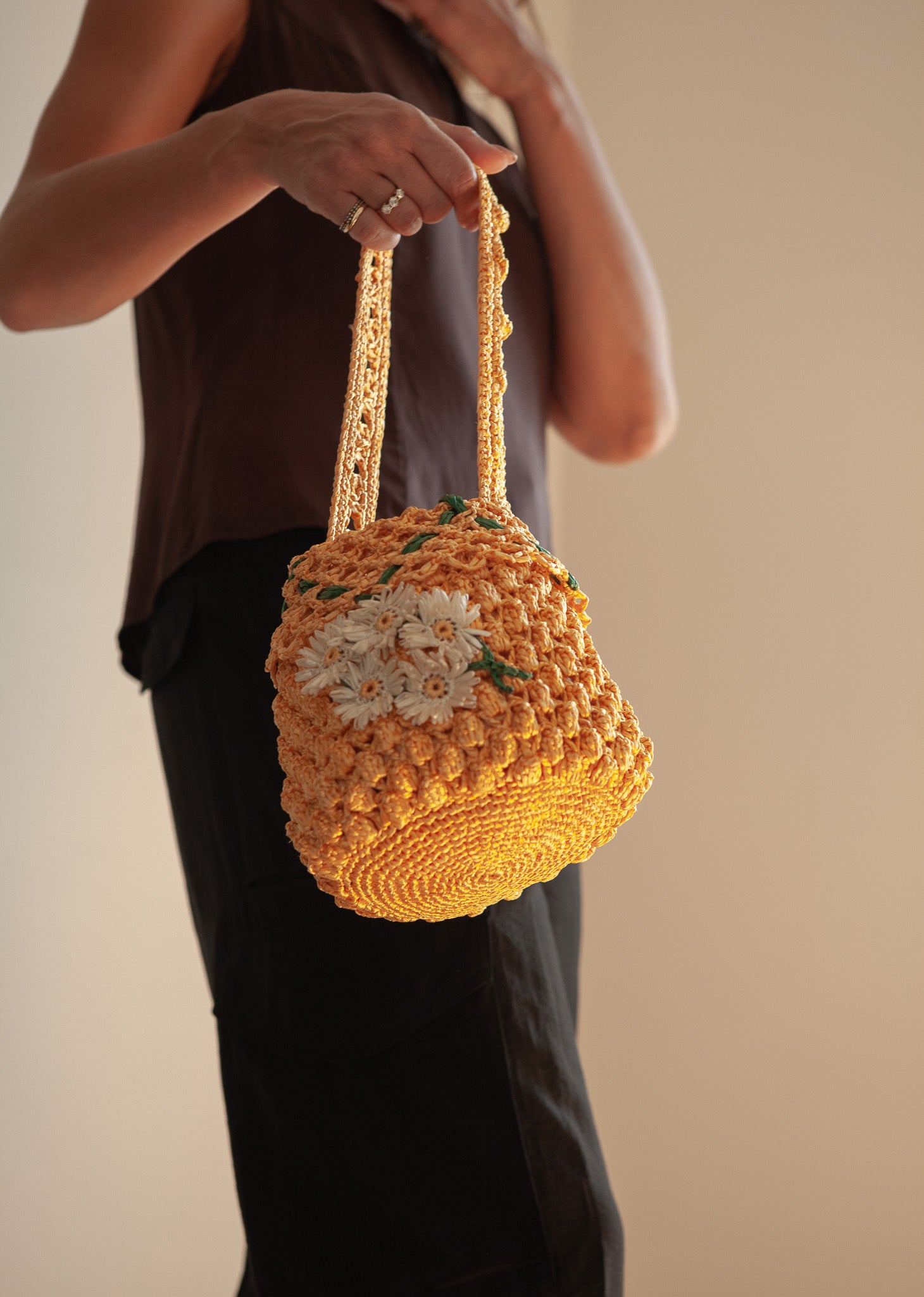 Hand-Crocheted Raffia Shoulder Bag with Floral Detail