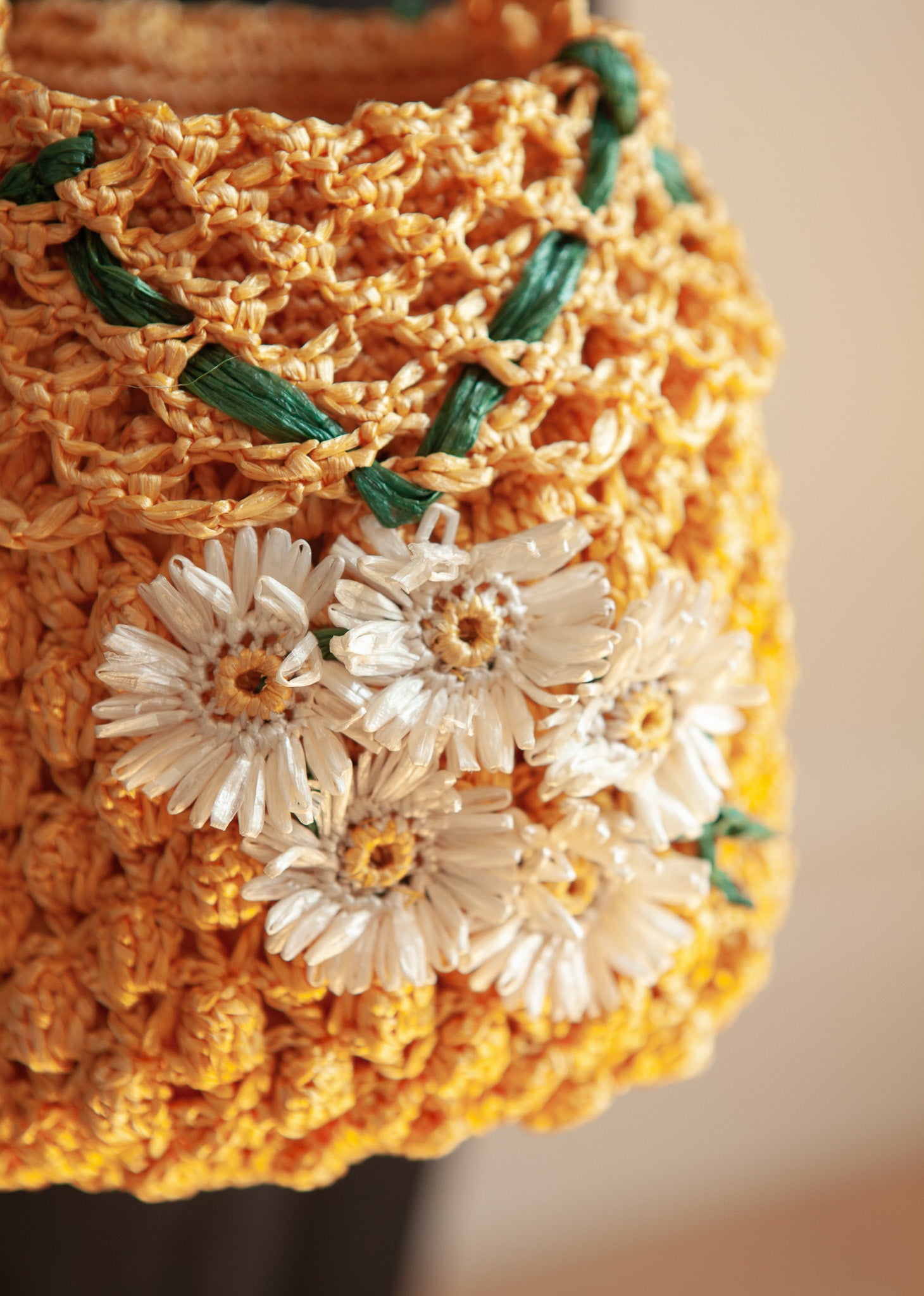 Hand-Crocheted Raffia Shoulder Bag with Floral Detail