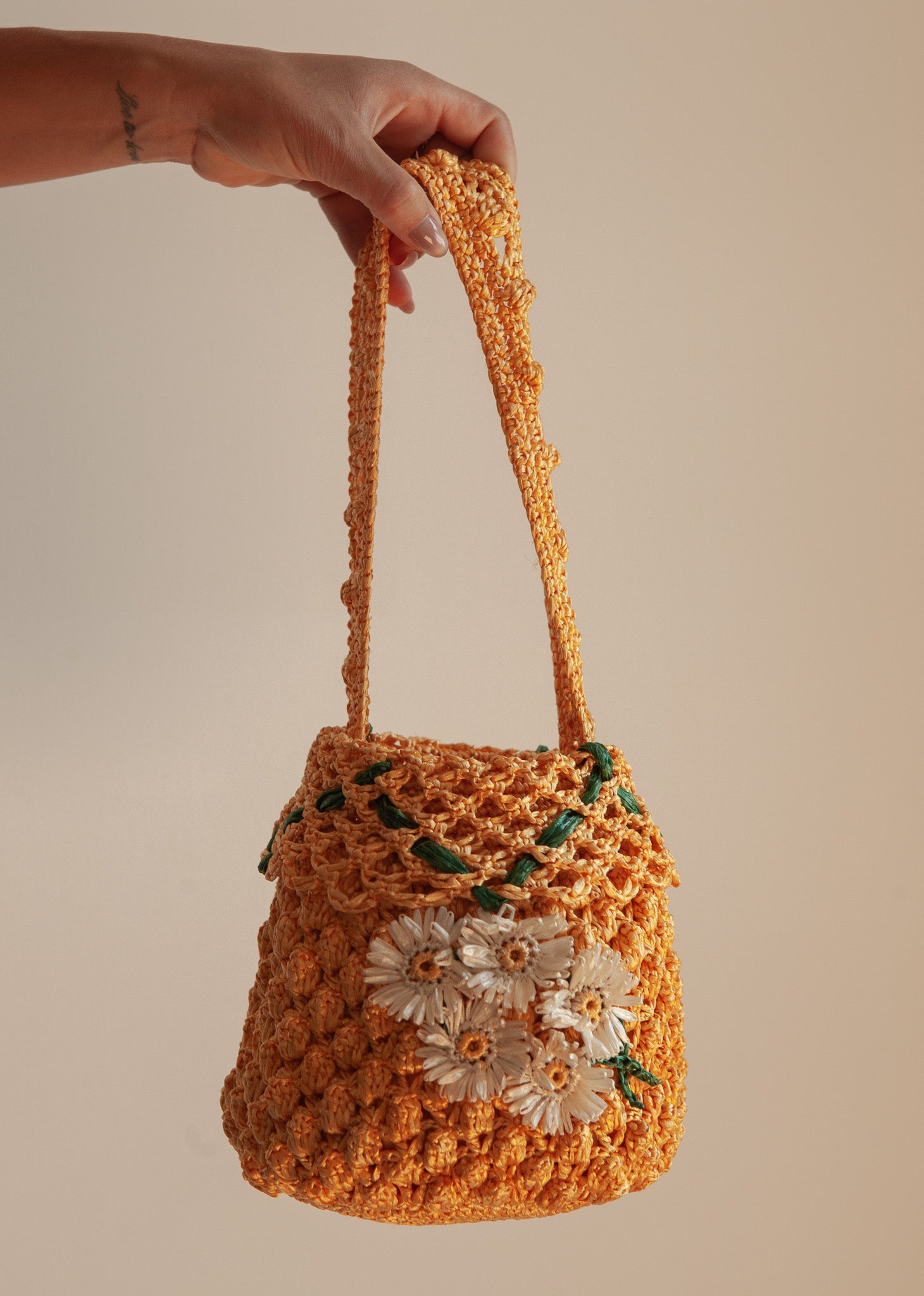 Hand-Crocheted Raffia Shoulder Bag with Floral Detail