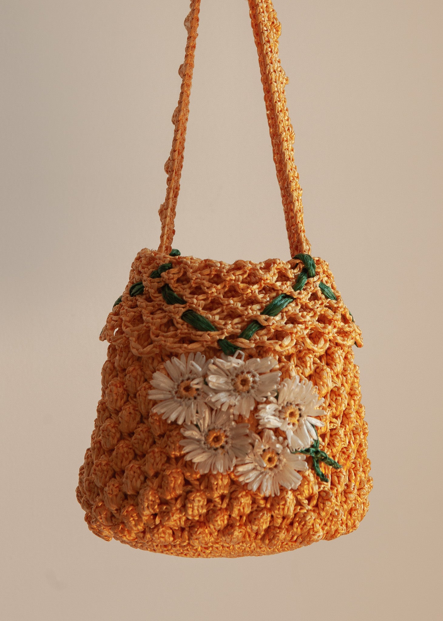 Hand-Crocheted Raffia Shoulder Bag with Floral Detail