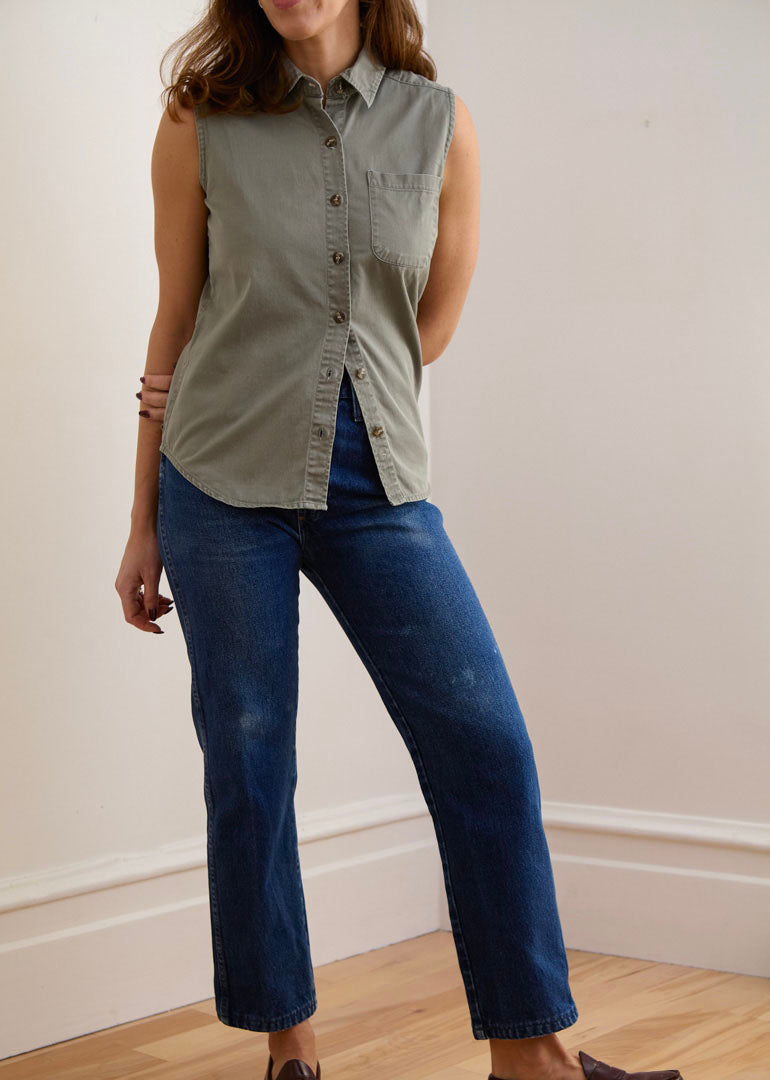Sleeveless Sage Cotton Button-Down