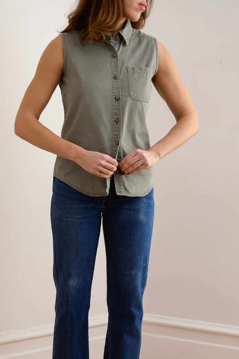 Sleeveless Sage Cotton Button-Down