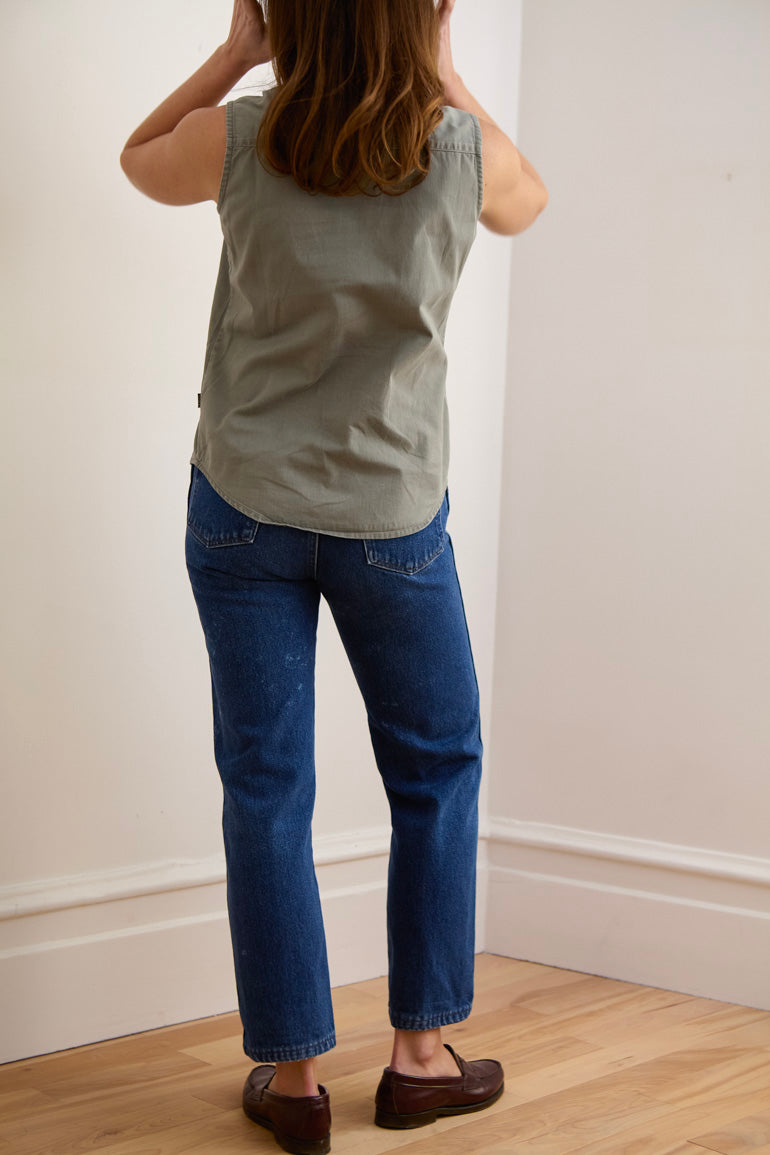 Sleeveless Sage Cotton Button-Down