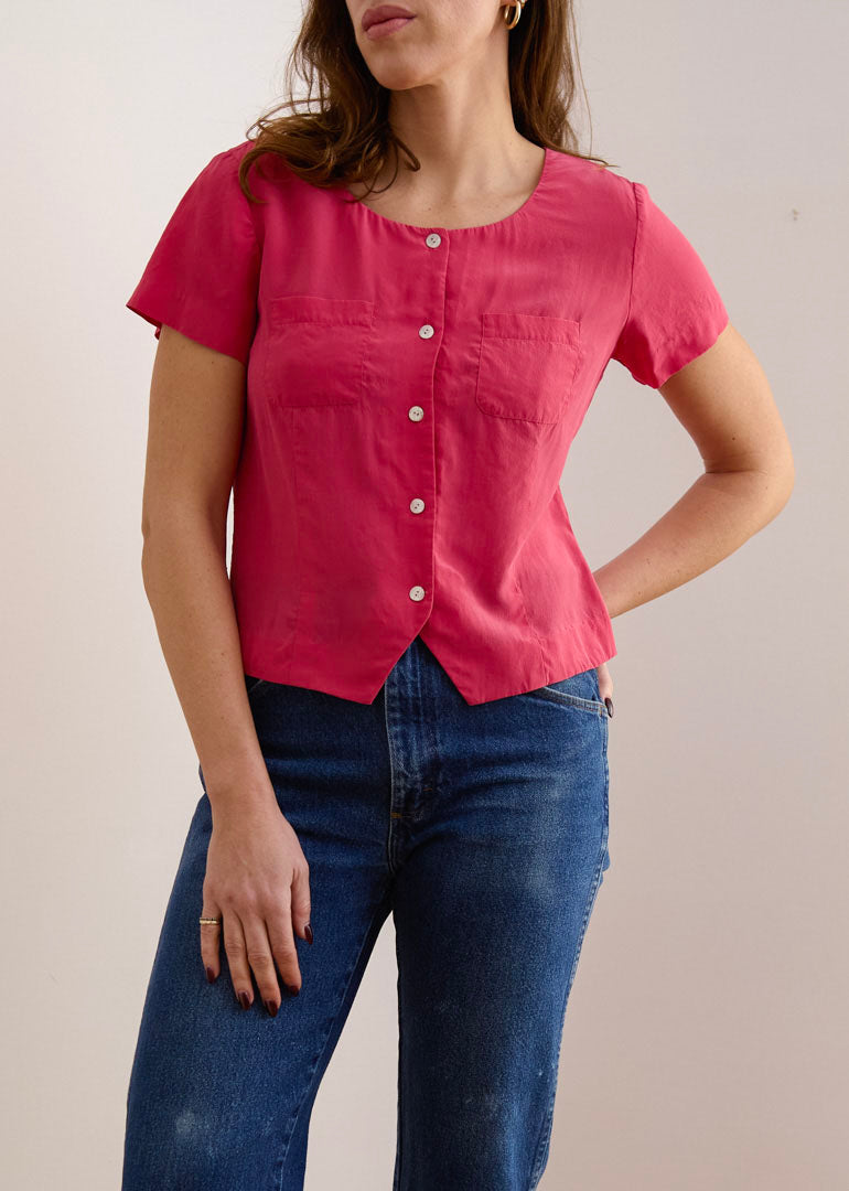 Rose Pink Silk Button-Up Blouse