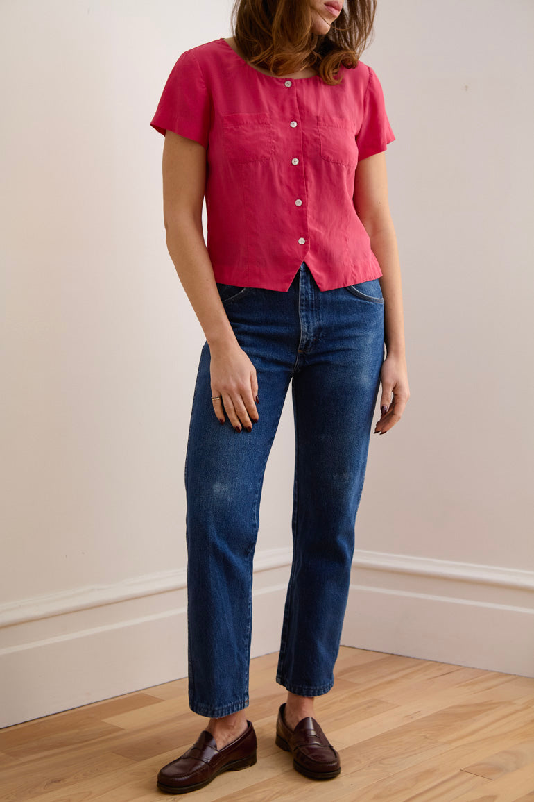 Rose Pink Silk Button-Up Blouse