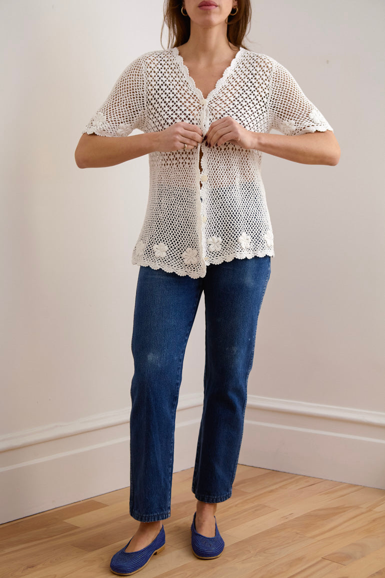 White Crochet Button-Down Top