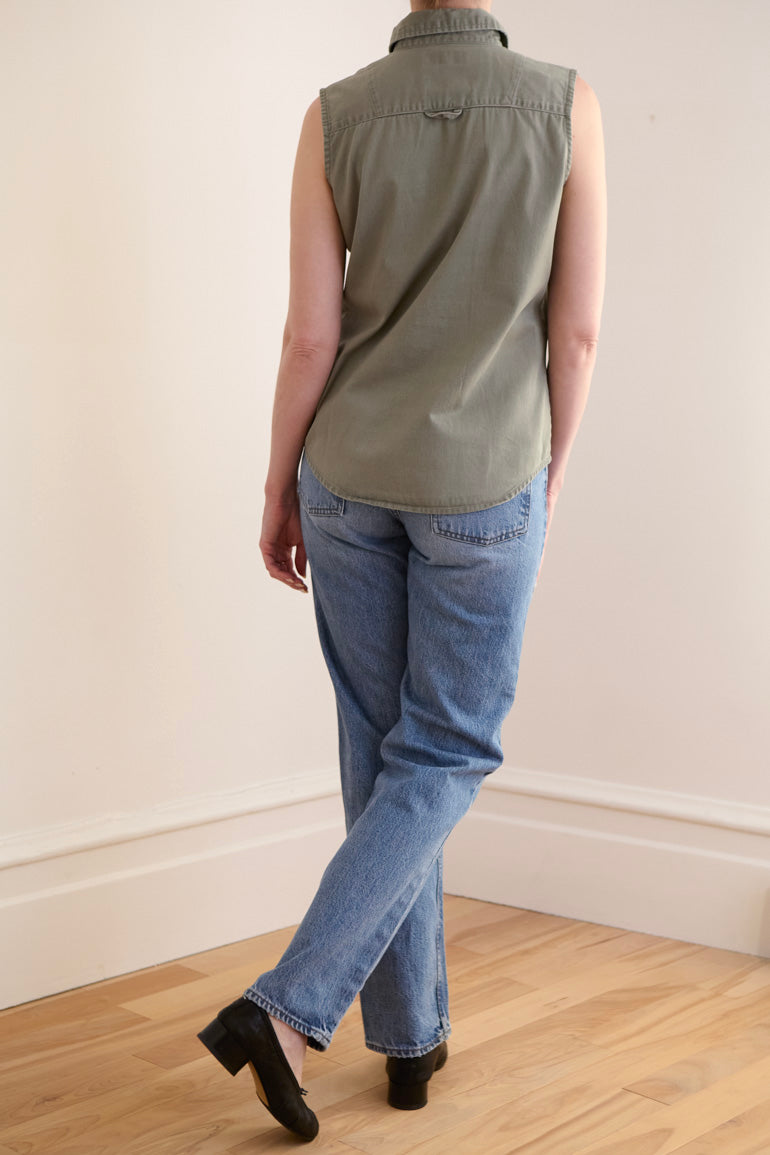 Sleeveless Sage Cotton Button-Down