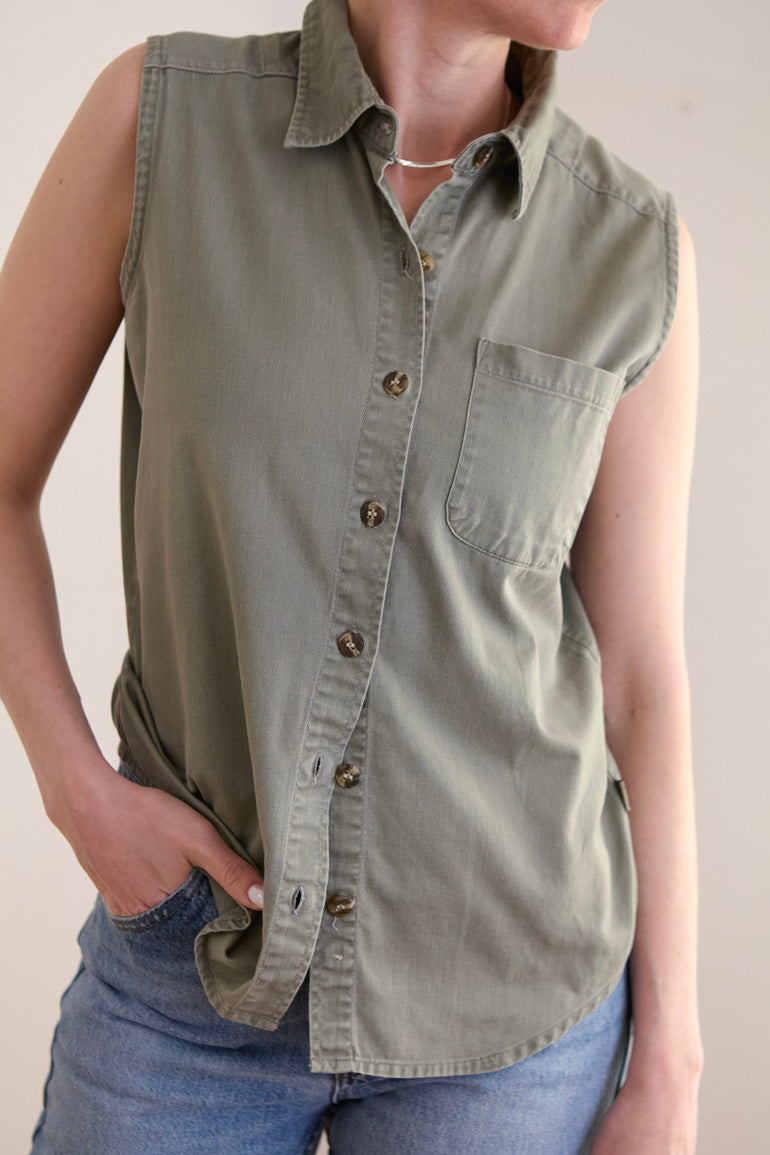 Sleeveless Sage Cotton Button-Down