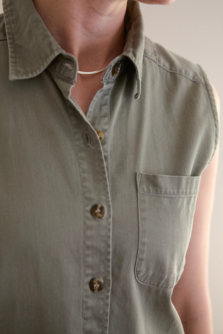 Sleeveless Sage Cotton Button-Down