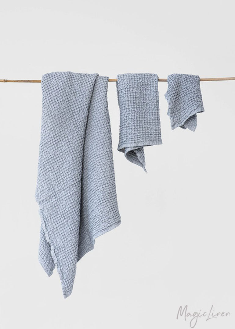 Linen Bath and Hand Towels Set Waffle Balsam Green