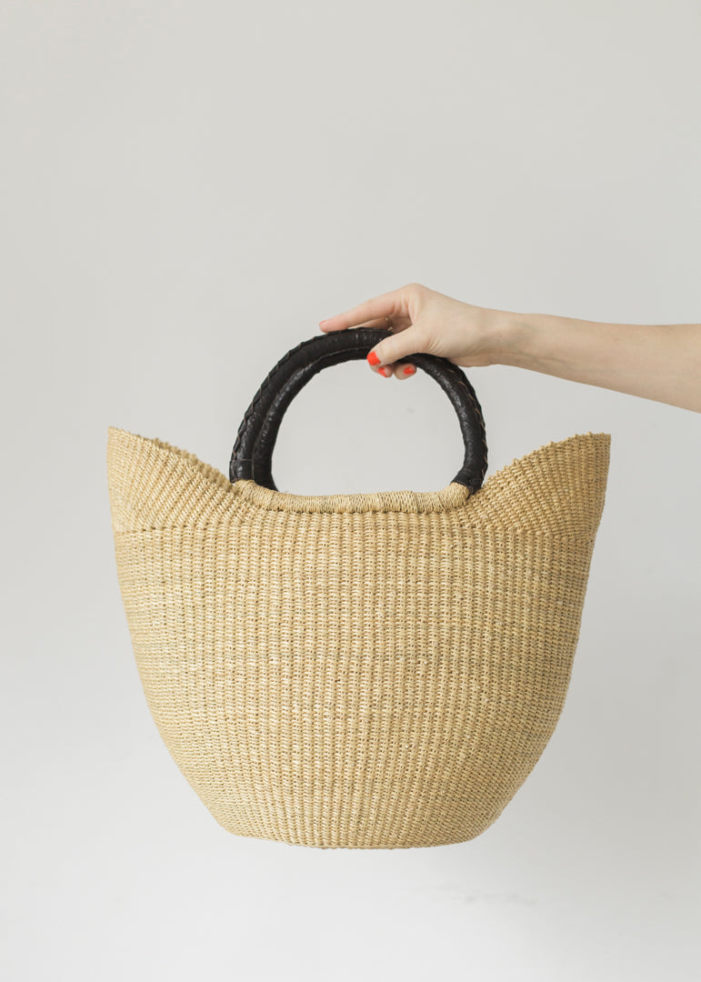 Natural Wing Shopper with Leather HandlesWing Shopper Basket with Black Leather Handles